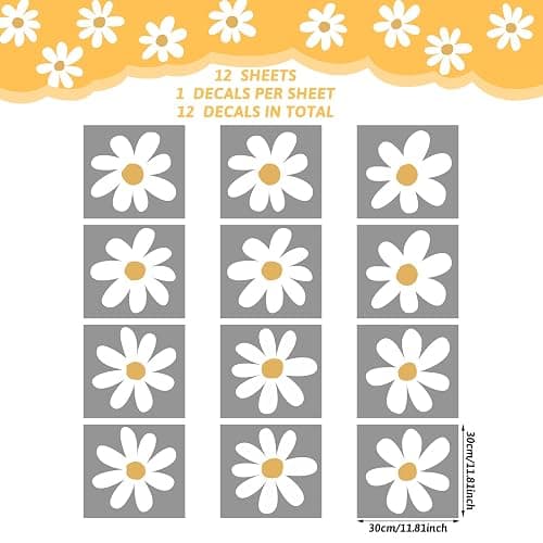 TaoBary 12 Sheet Daisy Wall Sticker Decal Removable Cute Daisy Bedroom Room Decor Flower Wall Sticker Pink White Flower Decal Wallpaper Peel and Stick for Nursery Home(White, Yellow,Vintage Style) thumbnail 2