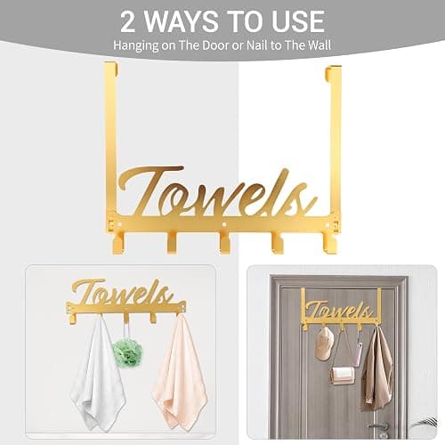 Azmoncy Over The Door Hooks, Towel Rack Towel Hooks for Bathroom, Towel Holder for Hanging Heavy Duty, Door Rack Over Door Hanger with 5 Coat Hooks for Bedroom Bathroom Kitchen（Light Gold） thumbnail 4