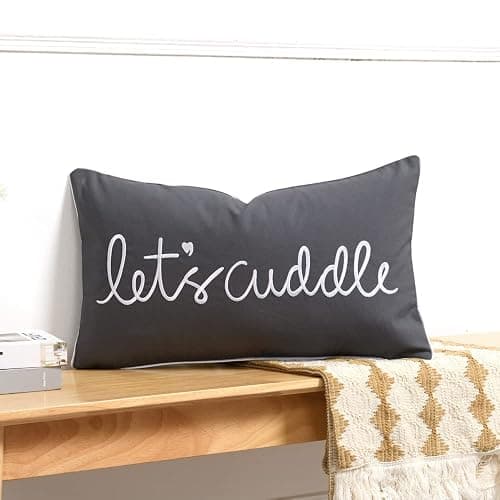 Sanmetex Decorative Lumbar Pillow Covers 12x20 Inches, Embroidery Soft Rectangluar Pillow Cover with Lets's Cuddle Saying for Bed, Bedroom, Dark Grey. thumbnail 7