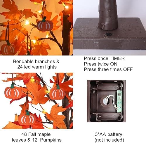 hogardeck Fall Decorations for Home, Thanksgiving Decorations, 24”2FT Lighted Maple Leaves Tree with 24 LEDs & 12 Wood Pumpkin Ornaments, Battery Powered Timer Artificial Trees for Autumn Table Decor thumbnail 4