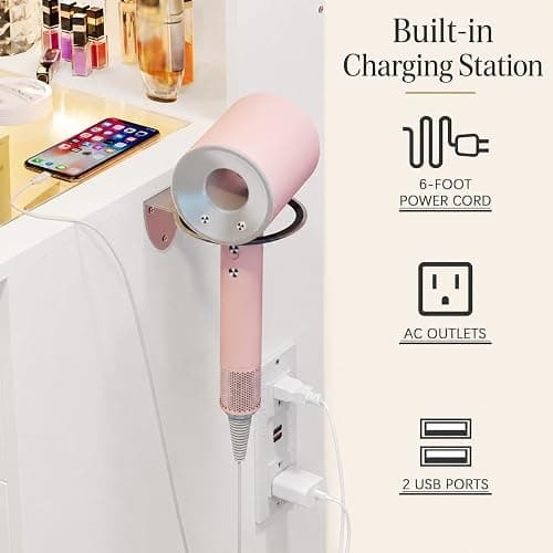 IFSEB Makeup Vanity Desk with Lights, White Vanity Glass Top, 36.9'' Mirror | 9 Drawers, 3 Color Bulbs, RGB Lighting, Charging Station, 10X Magnifying Mirror, Crystal Knobs, Hair Dryer Rack, Fir Wood thumbnail 7