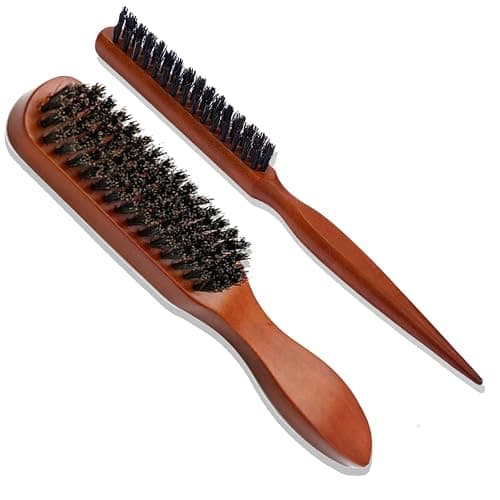 Boar Bristle Hair Brushes set，2 Pack Wooden Handle Slick Back Brush for Smoothing, Taming Wavy & Frizzy Hair, Teasing Comb for Edges Beard - Image 1