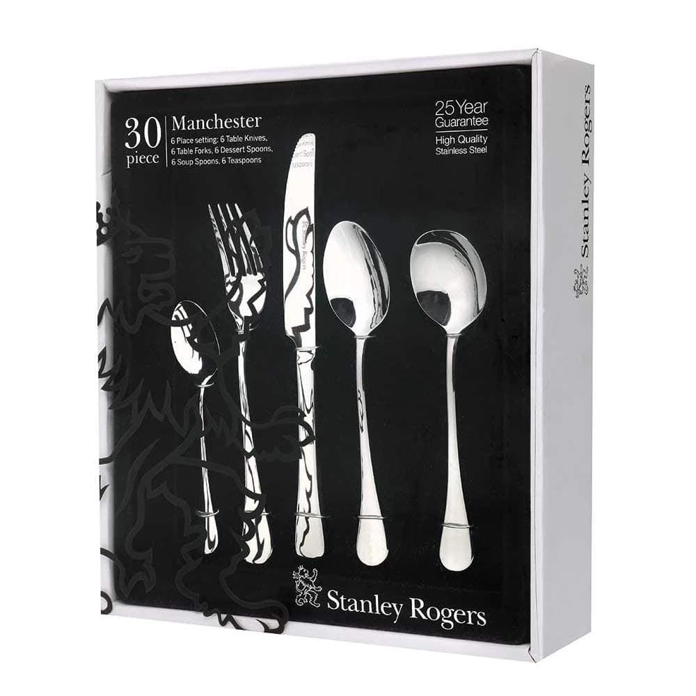 Stanley Rogers Manchester 30 Piece Stainless Steel Cutlery Set | 30-piece mirror polish stainless steel cutlery set for 6 with knives, forks, spoons and teaspoons in gift box - Image 1