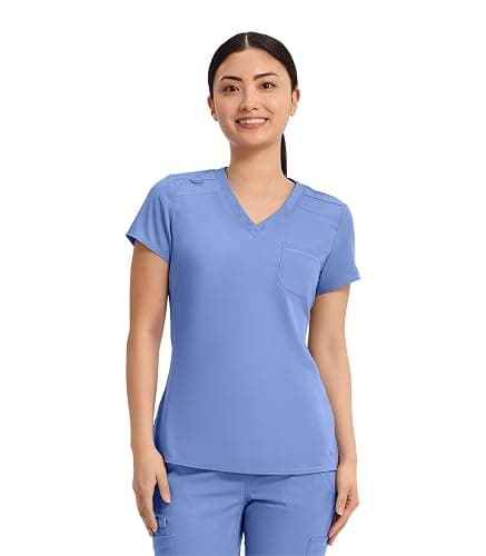 Med Couture Touch Women's Scrub Tops V-Neck Tuck-in Top with 1 Pocket | Slim Fit, Touch Performance Fabric, Stretchy Rib-Knit Shoulders, Bungee Loop, 2-Way Stretch, Lightweight, for Long Shifts - Image 1