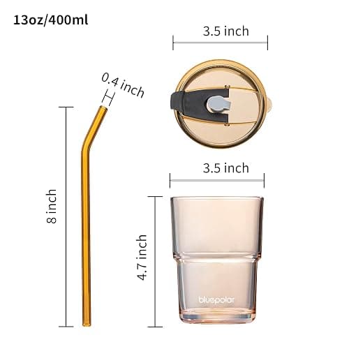 BLUEPOLAR 13oz/400ml Glass Water Tumbler with Straw and Lid Sealed Carry On Thick Wall Iced Coffee Cup Glass Cup for Water, Iced Tea Fruit Juice Etc (Amber thumbnail 3