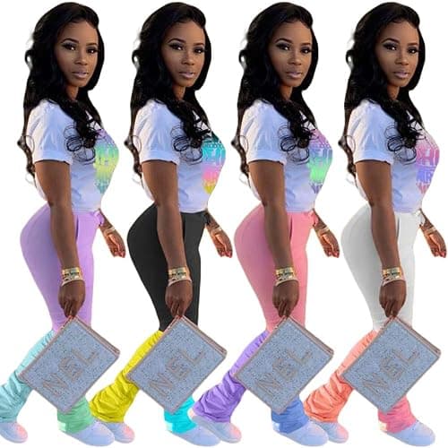 Casual 2 Piece Outfit Sets for Women Color Block Short Sleeve T-Shirts + Stacked Flare Pants Tracksuit Sweatsuit thumbnail 3