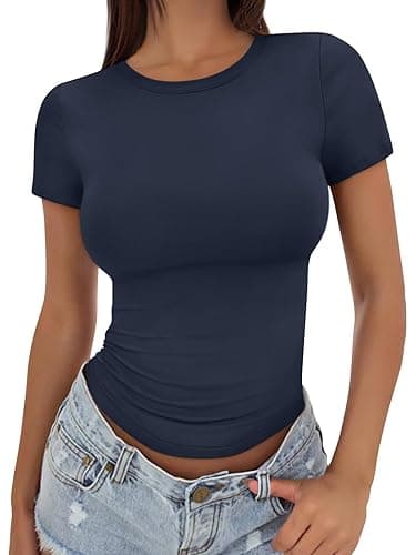 Trendy Queen Womens Basic T Shirts Summer Tops 2025 Crop Short Sleeve Slim Fit Tee Cute Gym Workout Clothes - Medium - Navy