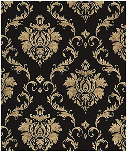 YYIDYLLIC Vinyl Peel and Stick Wallpaper Victorian Damask Black & Gold 17.7" X 118" Removable Wallpaper Self Adhesive Vinyl Film Wallpaper for Furniture Cabinet Countertop Shelf Paper Shelf Liner - Image 1