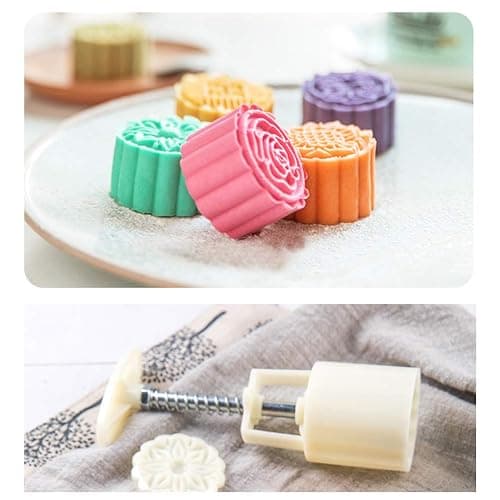 Moon Cake Mold 6 PCS, Mid Autumn Festival DIY Hand Press Cookie Stamps Pastry Tool Moon Cake Maker, Flower Mode Patterns 1 Mold 6 Stamps 50g (White). thumbnail 8