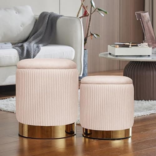 2BYF Round Ottoman with Storage Set of 2 Upholstered Velvet Vanity Stool for Living Room Storage Ottomans Multifunctional Foot Rest (Pink) thumbnail 4