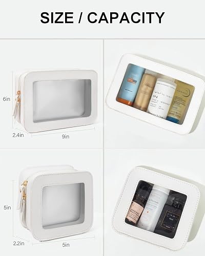 FFpaw 2 Pcs Travel Clear Makeup Bag Set, Clear Makeup Organizer with Zipper Leather Travel Bags for Toiletries Small Cosmetic Bags for Women Mini Make up Pouch Toiletry Bags Car Essentials thumbnail 4