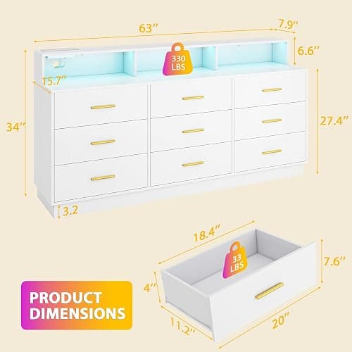 knoworld White 9 Drawer Dressers for Bedroom, Modern Large Dresser with LED Light and Power Outlet, Wooden Long Dresser, Triple Dressers for Bedroom, Living Room, Entryway, Hallway thumbnail 2