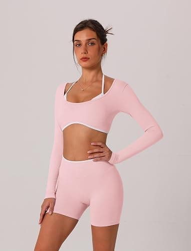 ABOCIW Workout Sets for Women 2 Piece Seamless Color Block Long Sleeve Crop Top Scrunch Butt High Waist Shorts Gym Set thumbnail 3