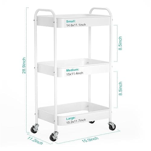 PNVXNUS 3-Tier Rolling Metal Storage Cart with Wheels, Multi-Functional Organizer for Office, Kitchen, Bathroom, Books Diapers - Easy Assembly (White) thumbnail 3