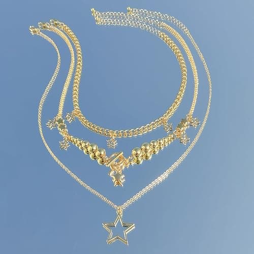 3Pcs Y2k Layered Star Pearl Necklace Sets for Women Teen Girls,14K Gold Link Chains Beaded Aesthetic Choker Necklace Party Prom Trendy Adjustable Jewelry thumbnail 7