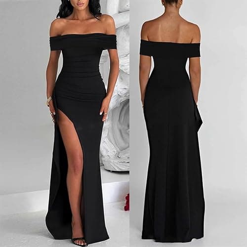 XIWCAFC Robe de Soirée Cocktail Femm Robe Longue Sexy Slim Bodycon Epaules Dénudées Fendue Maxi RobeFemme Élégant Couleur Unie Robes de Fête Longue Robes de Gala pour Mariage Party Bal thumbnail 6