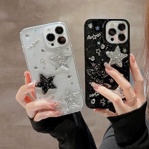 LOLAGIGI for iPhone 13 Case Bling Stars 3D Hearts Diamond Twinkle Star Glitter Y2K Spark Luxury Girly Aesthetic Personalized Design for Women Girls Teens TPU Case, 6.1", Black thumbnail 3