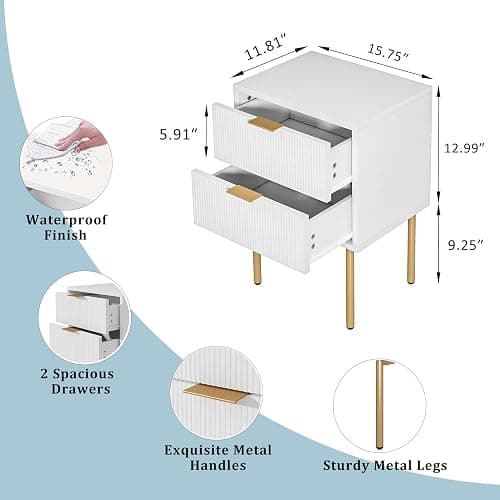 Masupu Nightstand,Mid-Century Modern Bedside Table with 2 Storage Drawer,Small Gold Frame Side End Table for Bedroom,Living Room, White thumbnail 2
