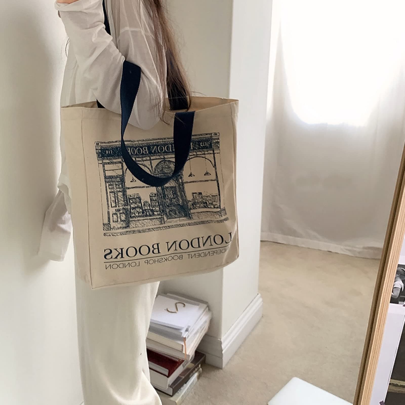BXCNCKD Vintage London Bookstore Canvas Bag Women's One Shoulder Tote Bag Large Capacity Shopping Bag, Beige, Large thumbnail 5