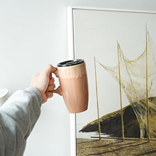 Bosmarlin Ceramic Travel Coffee Mug with Handle and Lid, 18 oz, Portable Coffee Cup for Car Cup Holder, Microwave and Dishwasher Safe, Reactive Glaze (Light Orange) thumbnail 6