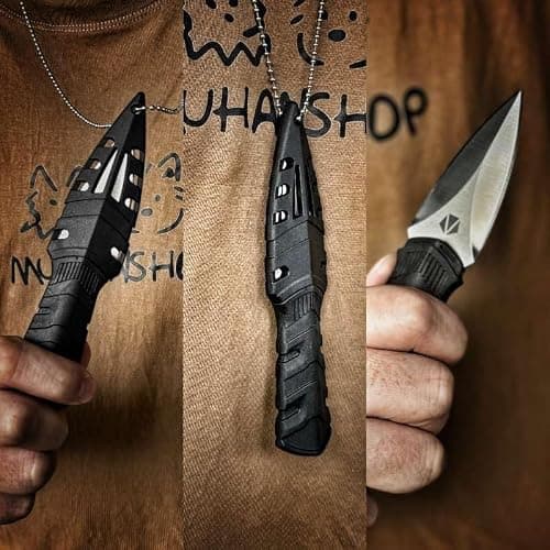 REAT mini EDC utility fixed blade knife, 6 inch 440C steel small spear point neck knife with necklace plastic sheath for outdoor, camping, hiking, for men and women thumbnail 2