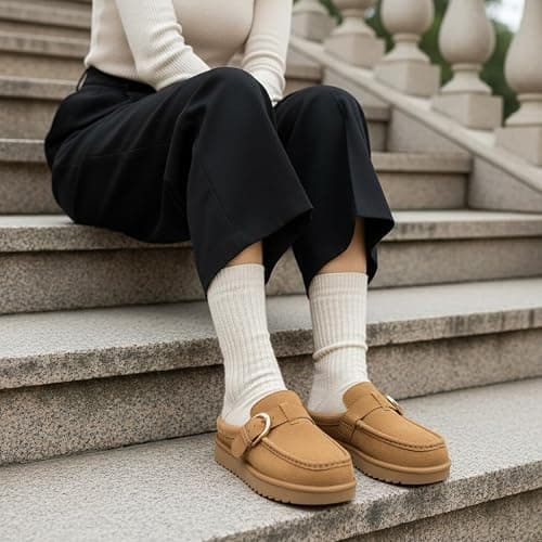 CUSHIONAIRE Origin Genuine Suede Mule Clogs for Women, Cozy Slip-On Moc Toe Loafer with Buckle and Faux Fur Cushioned Footbed thumbnail 3