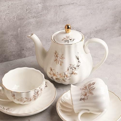 Porcelain Tea Sets British Royal Series, 8 OZ Cups & Saucer Service for 6, with Teapot Sugar Bowl Cream Pitcher Teaspoons and Tea Strainer, Suitable for High Tea, Wedding, Party（Morning glory） thumbnail 5