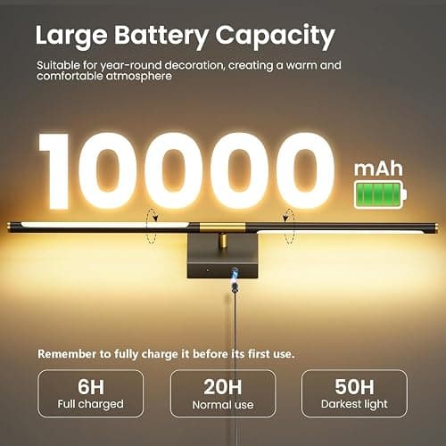 Battery Operated Wall Sconces Set of Two, 10000mAh Rechargeable Wall Lights with Remote Control, 360° Rotate Dimmable Black Gold LED Cordless Lighting for Bedroom, Living Room, Hallway, 29 Inch, 3CCT thumbnail 2