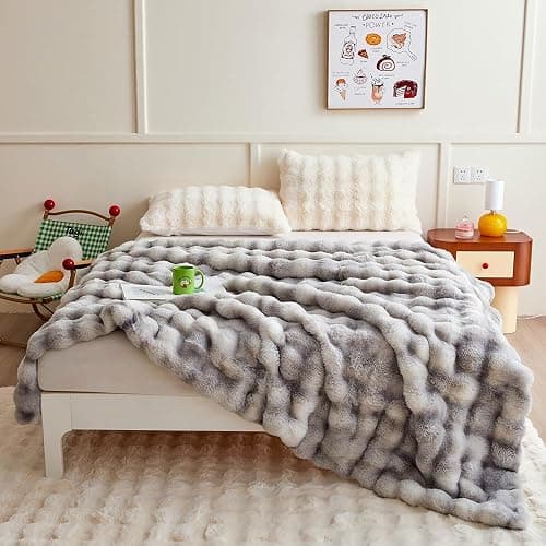 chovy Gray White Blanket for Couch - Bread Grid Rabbit Plush Soft Warm Blanket for Sofa Livingroom Bedroom Dorm Decor - 90x102 Inches thumbnail 8