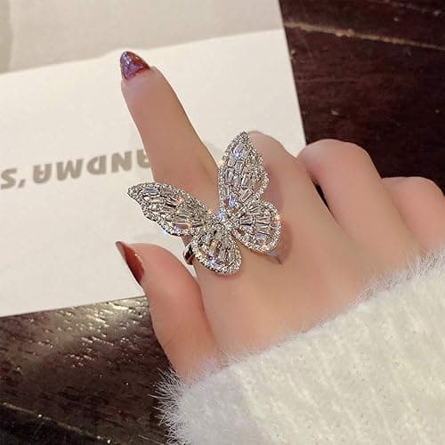 Aimimier Cubic Zirconia Butterfly Ring Sparkling Crystal Bow-Knot Knuckle Ring Wedding Jewelry for Women and Girls (Silver) - Image 1