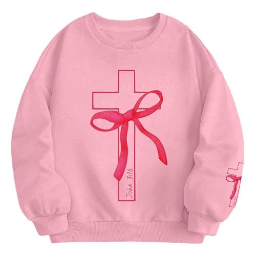Lubpow Girls Christian Sweatshirt Kids Cute Pink Bow Sweatshirts Teens Aesthetic Cross Graphic Long Sleeve Shirt Pullover Top - Image 1