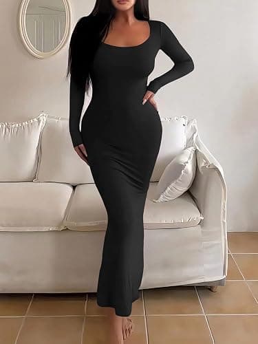 HBQ Women's Bodycon Maxi Dress Long Sleeve Square Neck Lounge Dresses Sexy Night Out Party Dress thumbnail 2