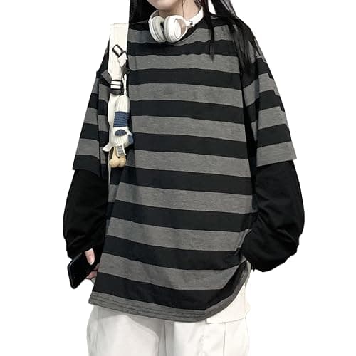 LAVASEON Harajuku Oversized Striped T-Shirt Long Sleeve Crew Neck Casual Matching Couple Streetwear Pullover - Image 1