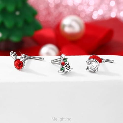 MeIighting 3PCS 20G Christmas Nose Studs L-shaped, 7mm Santa Claus Tree Reindeer Nostril Piercing Jewelry, Stainless Steel 316L Christmas Elements Body Jewellery for Women thumbnail 9