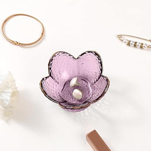 Purple Flower Jewelry Dish Glass Ring Holder Dish Jewelry Tray Cute Vanity Organizer Aesthetic Nightstand Bathroom Room Decor Trinket Dish Mothers Day Friendship Christmas Birthday Gifts for Women thumbnail 4