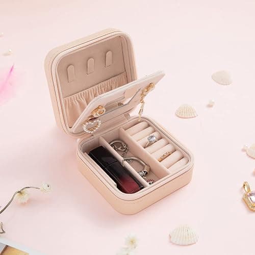 KElofoN Travel jewelry case Travel jewelry box Travel Jewelry Organizer Small box Gift for Girls Women with Mirror(Pink) thumbnail 2