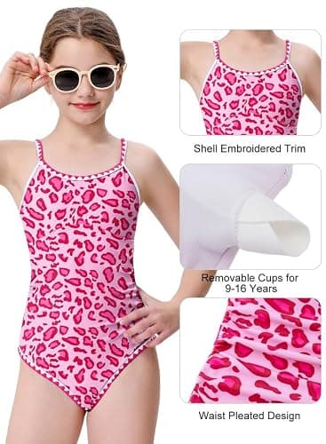XiaoMoSha Swimming Costume Girls One Piece Bathing Suit with Adjustable Straps Color Contrast Trim for Age 6-16 Years Teens Girls thumbnail 4