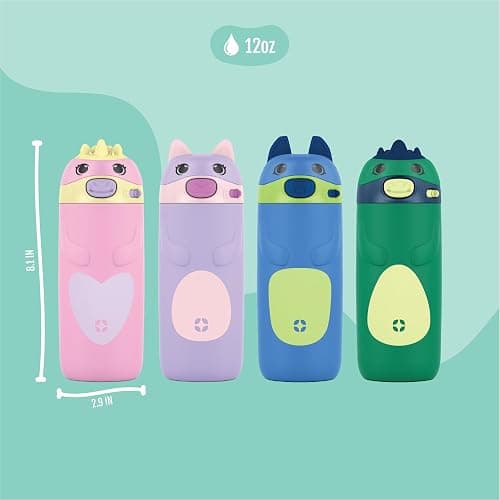 Ello Ellies 12oz Vacuum Insulated Stainless Steel Kids Water Bottle with Straw and Built-in Carrying Handle and Leak-Proof Locking Lid for School Backpack, Lunchbox and Outdoor Sports, Dog thumbnail 2
