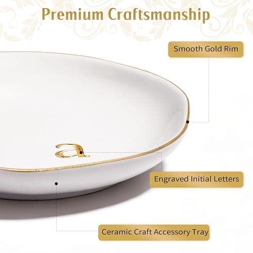 Fyshipin Ceramic Jewelry Tray,Decorative Trinket Dish for Room Decor,Birthday Valentine's Day Mother's Day Graduation Christmas Personalized Gift for Women, 4.75", Gold Rim,Engraved Initial m thumbnail 6