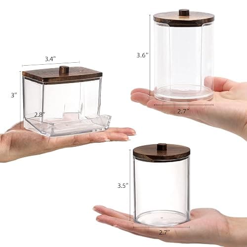 Tbestmax Bathroom Organizer Accessories Set-10 OZ,7 OZ Qtips Holder Storage with Wood Lids, Cotton Ball/Swabs Dispenser, Apothecary Container Jar 3 Pcs thumbnail 3