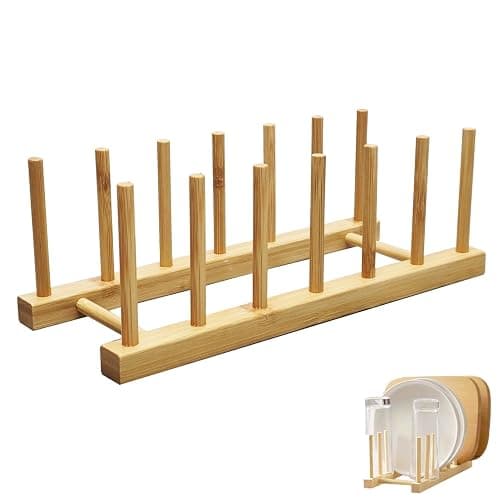 YUNYU Wooden Plate Rack Organiser - 6 Slot Dish Drainer & Storage Holder for Kitchen/Bedroom/Study | Fits Chopping Boards/Cups/Books/Pot Lids/Baking Trays (Natural Wood) - Image 1