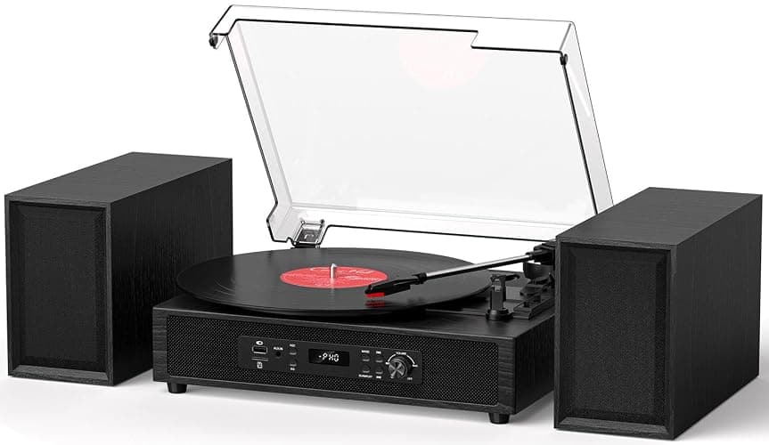 Vinyl Record Player with 4+2 External Stereo Speakers Bluetooth 3-Speed Belt Drive Turntable for Vinyl Records Two Speakers USB/SD Recording RCA Headphone Out& AUX-in, Vintage Black Wood - Image 1