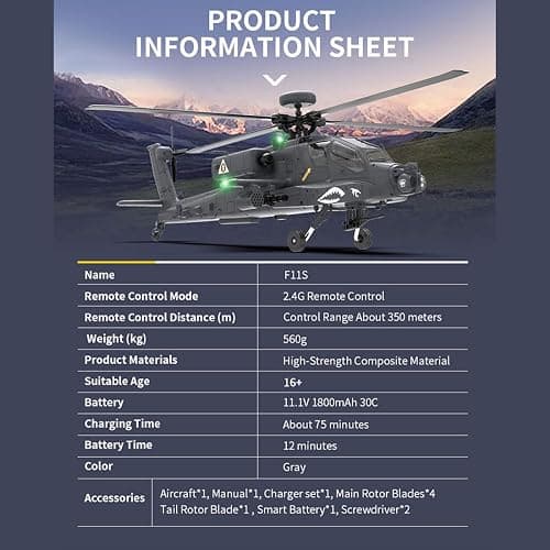 YounggDiy 1/32 Apachhe F11-S AH64 Helicopters for Adults, 6CH 6G/3D Stunt Dual-axis Flybarless Helicopter Model with GPS, RC Toy Gift (RTF Version) thumbnail 5