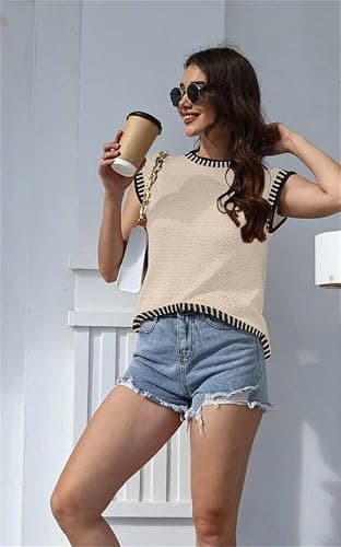 Cap Sleeve Knit Sweater Tops Sleeveless Vest 2026 Summer Short Sleeve Shirt | Disamer Cap Sleeve Sweater,Summer Sweaters For Women,Sweater Vest,Sleeveless Sweater,Color Block,Striped,Spring,Summer Tops thumbnail 2