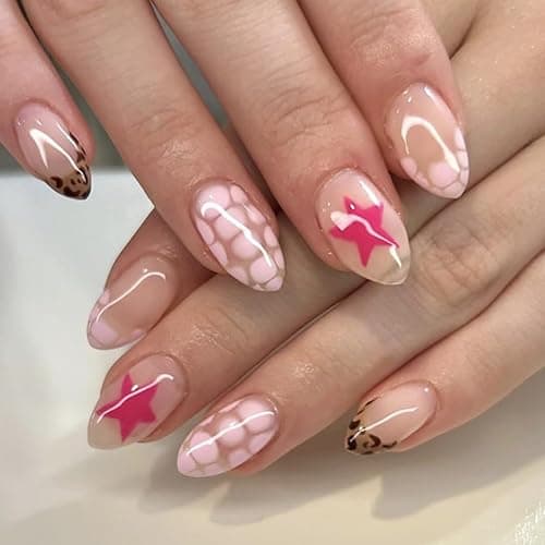 24 Pcs Extra Short Press on Nails Almond Nail Tips,YEFIUO Fall Acrylic Nail Kit Summer Leopard French Fake Nails Press ons Glue on Nails Full Cover Reusable False Nails with Jelly Glue Tool for Ma'am - Design-A14