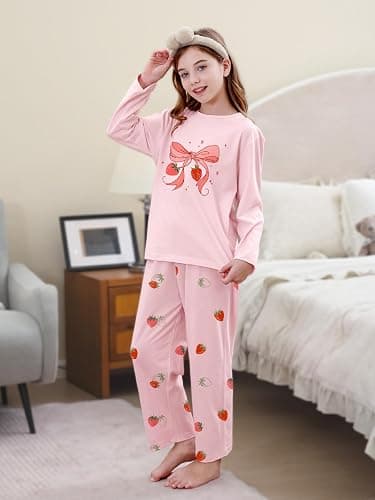Umeyda 2-Piece Pajama Set for Girls, Cotton Cartoon Pattern Sleepwear Pjs Set Size 5-14 thumbnail 3
