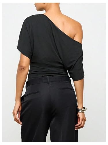 SweatyRocks Women's Off The Shoulder Crop Top Ruched Asymmetrical Dolman Short Sleeve Trendy Y2K T Shirt thumbnail 4