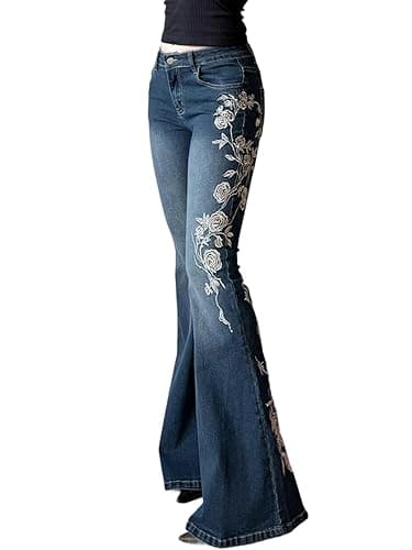 Women Bell Bottom Jeans Stretchy Flare Mid Rise Embroidery Vintage Denim Pants 90s Outfits Y2k Clothes - Image 1