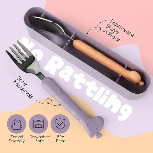 2-Piece Kid Utensils Set, 304 Stainless Steel Kids Fork and Spoon for Self-feeding, Safe Kid Silverware with storage case for School Lunch, Travel & Outdoors, Dishwasher Safe (Purple) thumbnail 6