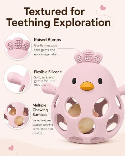 Tinabless Baby Teether Rattle Toys, 2-in-1 Easy Grip Silicone Teething for Babies 3-12 Months, BPA-Free Sensory Chew Toy for Sore Gums, Infant Gift (Pink w/Rattle) thumbnail 5